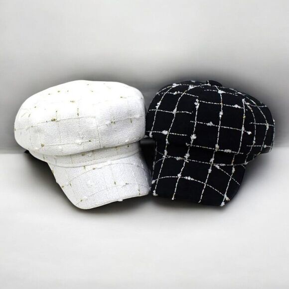White Tweed Plaid Baker Boy Hat NEW - Picture 2 of 3